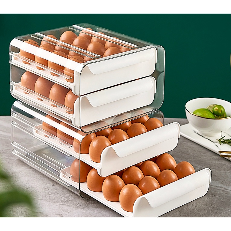 khay để trứng 32 cái, hộp đựng trứng gà 2 tầng nắp trượt tiện lợi