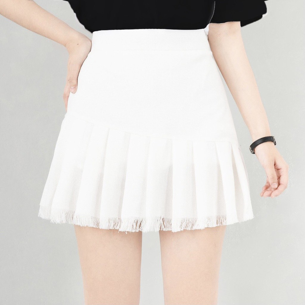 Chân váy cạp cao tweed tua rua trắng tingoan VIOLET SKIRT/WH