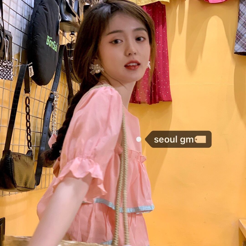 Set Áo Sơ Mi Nhiều Lớp Đính Nơ + Chân Váy Caro Hồng Thời Trang Nữ Tính