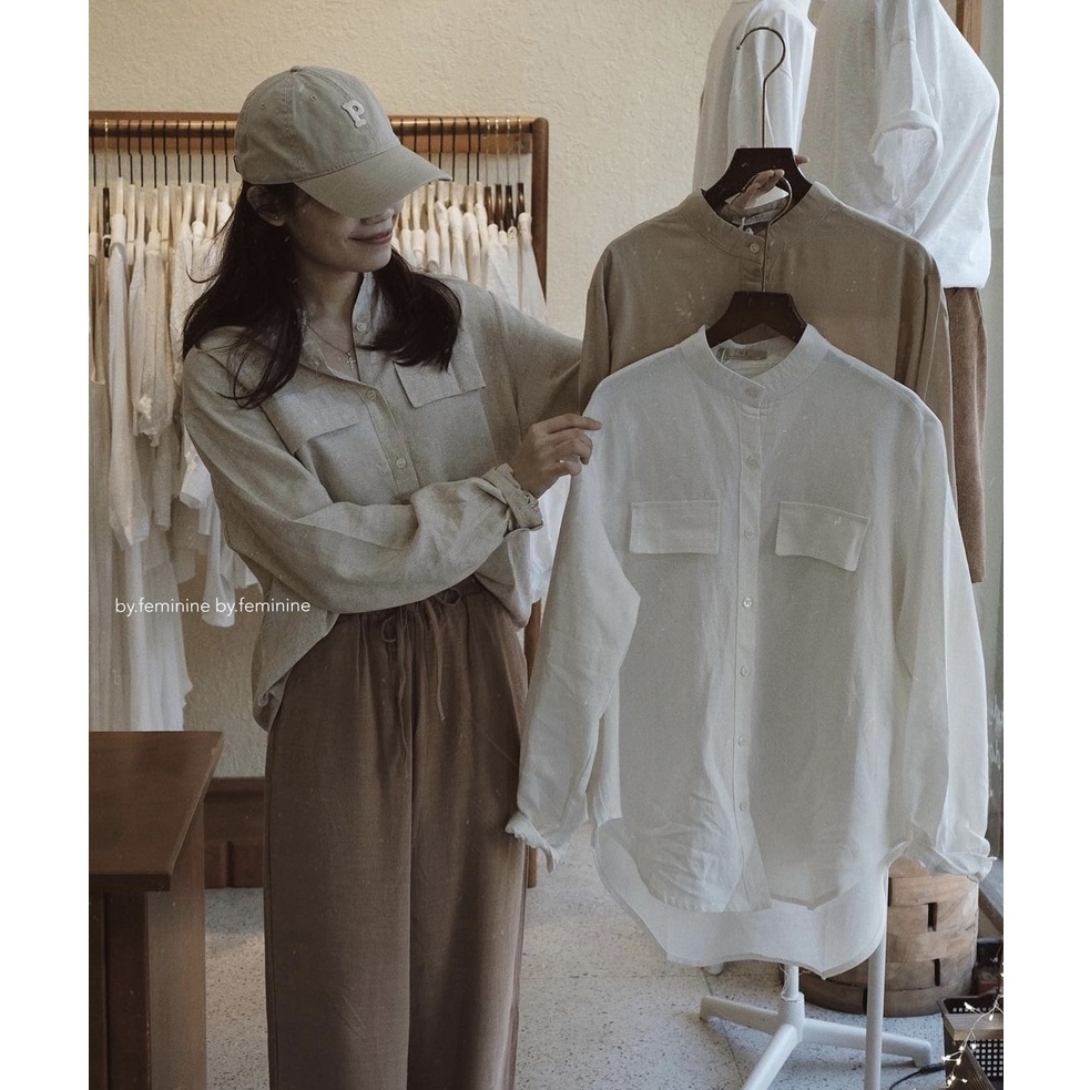 Áo sơ mi nữ cổ trụ tàu tay dài 2 túi giả, chất Linen form rộng vintage ASM001 Celyn.Clothes