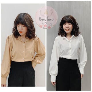 [Ảnh thật] Áo sơ mi trắng be croptop tay phồng ulzzang