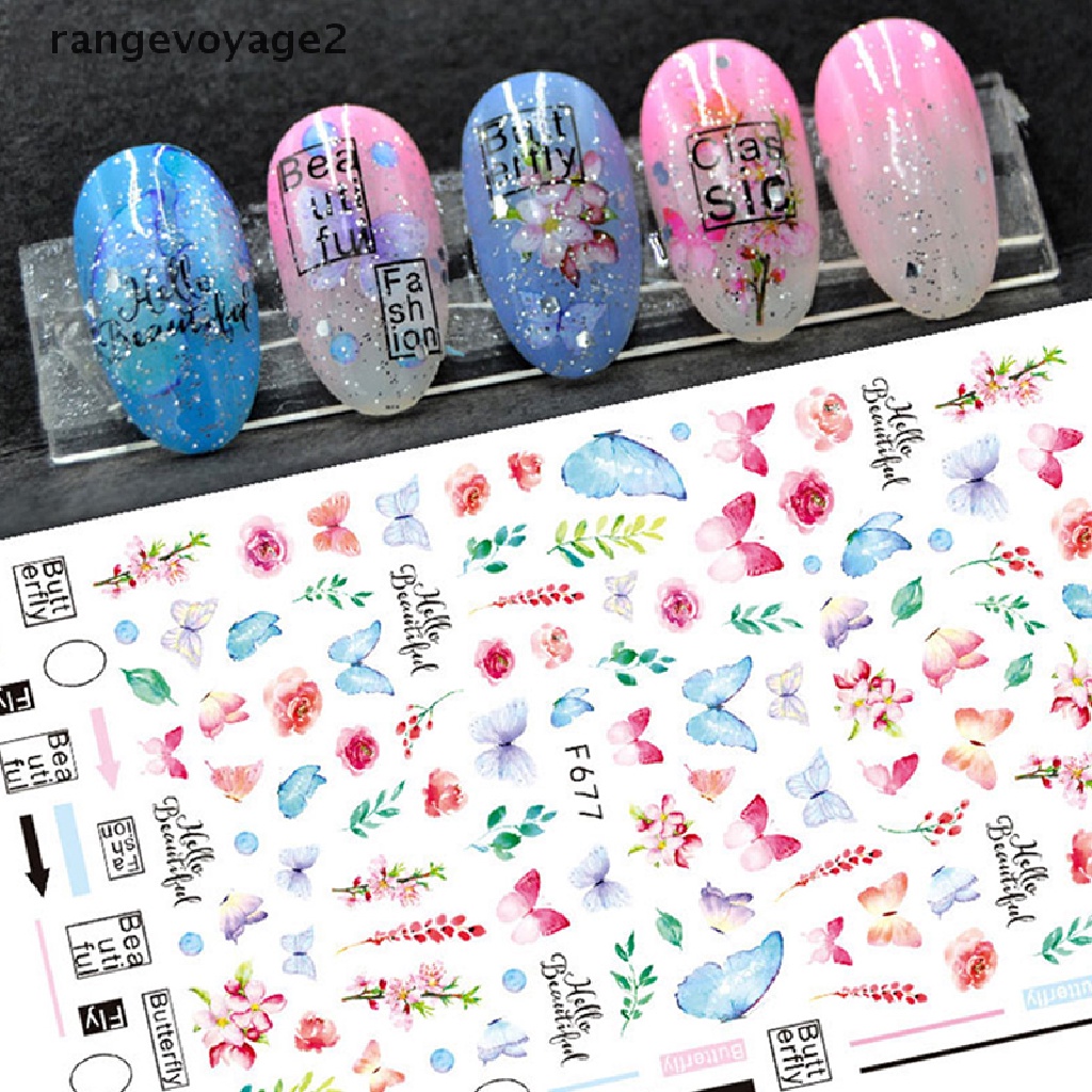 [rangevoyage2] Butterfly Nail Stickers Gradient Colorful Butterfly Rose Nail Sliders Decal [new]