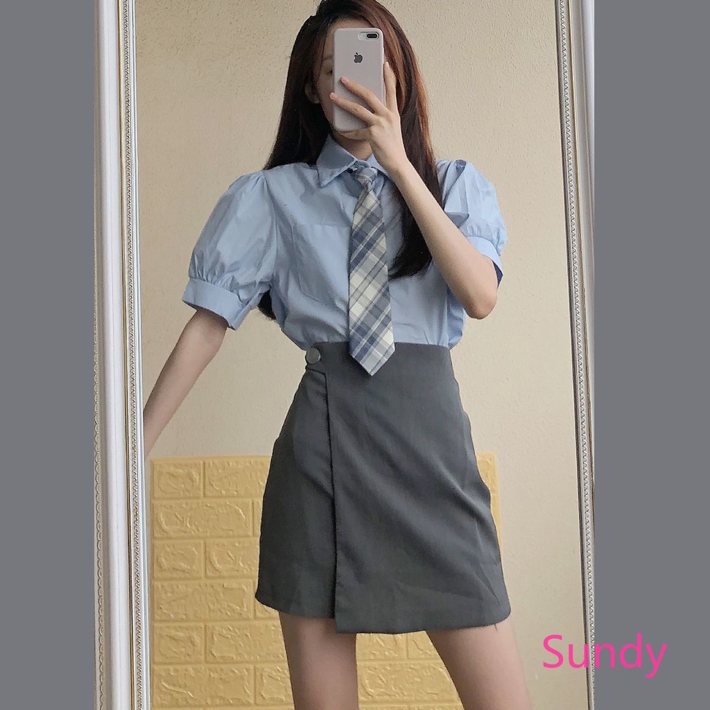 Set Áo Tay Phồng Màu Xanh Dương + Chân Váy Bất Đối Xứng Phong Cách Hàn Quốc Cho Nữ