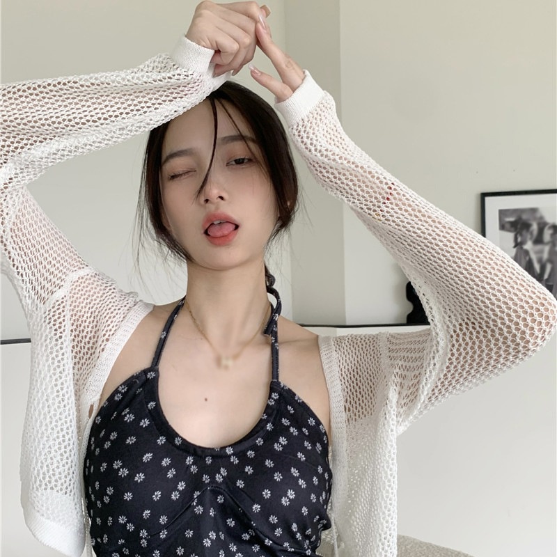 Áo Cardigan Dệt Kim Tay Dài Cổ Chữ V Màu Trơn Phối Ren Thời Trang Mùa Hè Phong Cách Hàn Quốc Cho Nữ