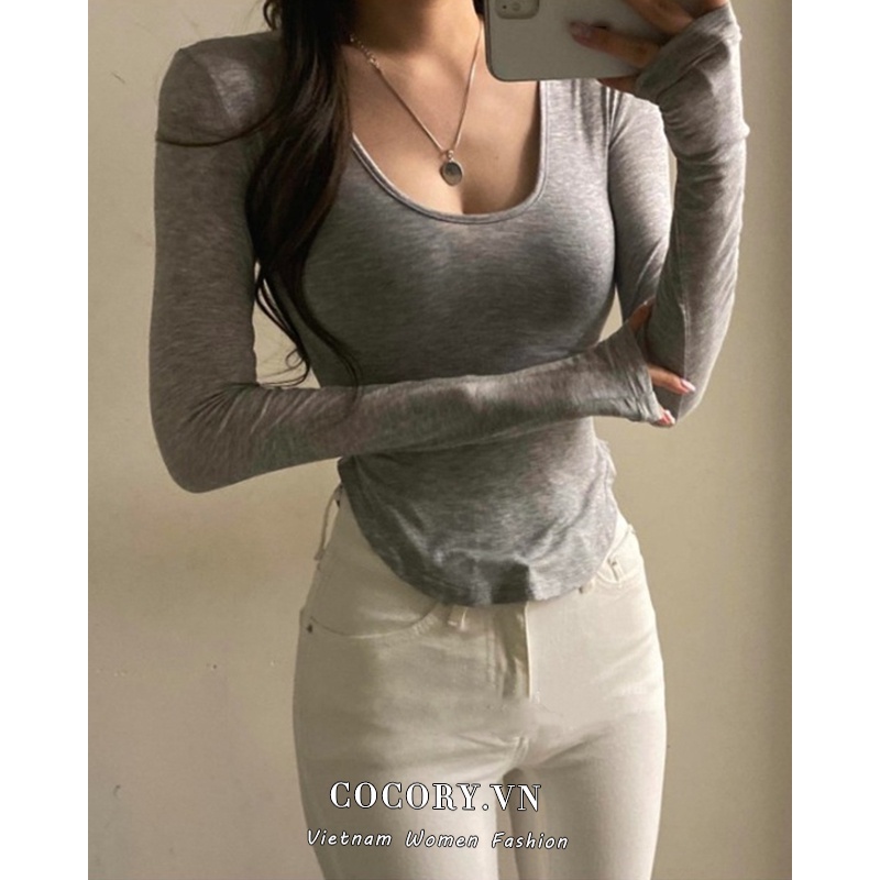 Cocory vn Áo Croptop Tay Dài Cổ Chữ U Màu Trơn Hợp Thời Trang Cho Nữ