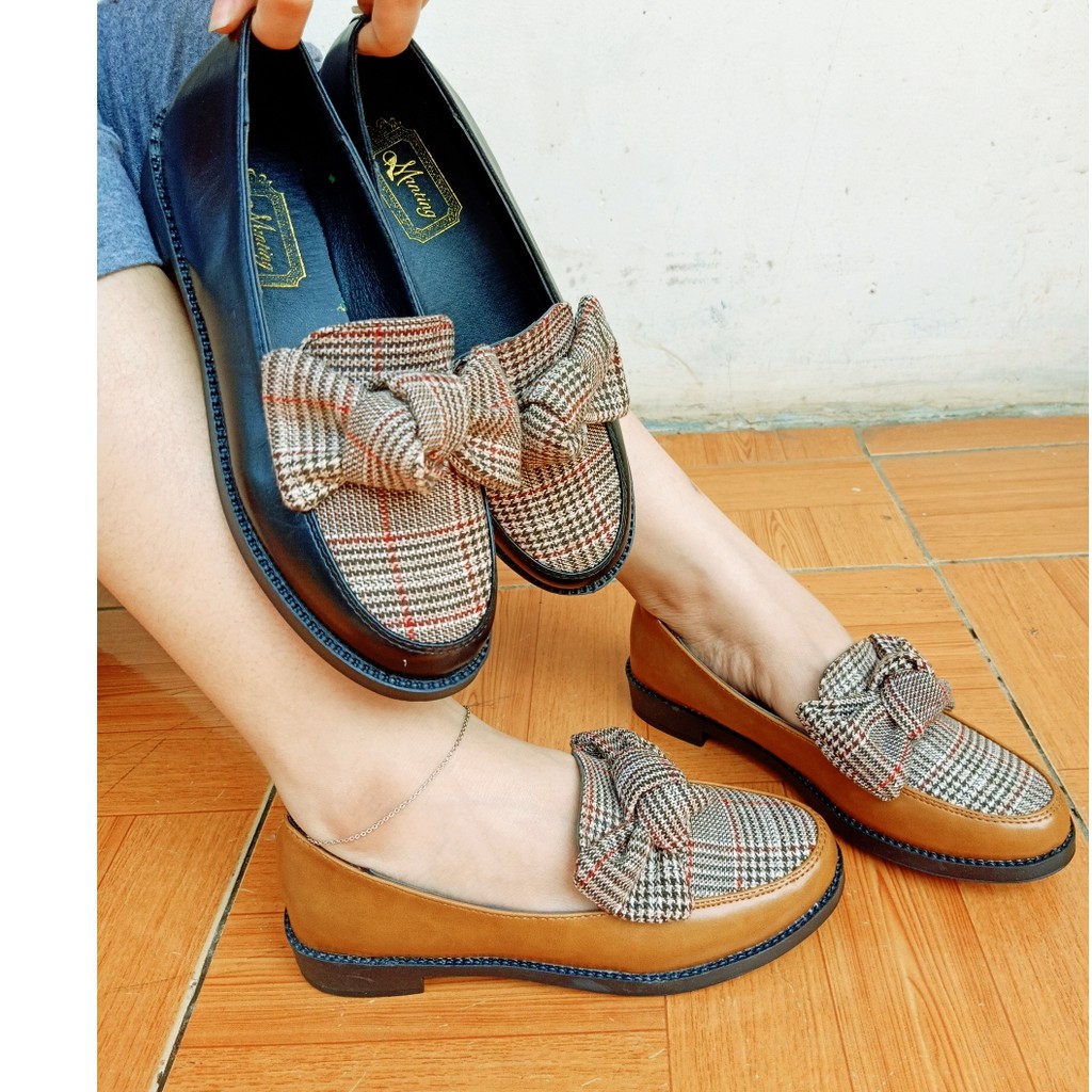 💥 Giày mọi nữ phối nơ vải kẻ caro sang chảnh