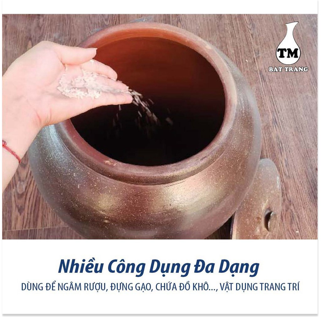 Hũ sành đựng gạo, chứa thực phẩm khô màu nâu đỏ chữ Tài Lộc gốm sứ Bát Tràng dung tích 8-10-15KG