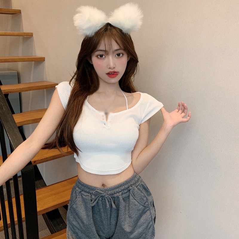 Áo Thun Dệt Kim Tay Ngắn Cổ Chữ U Dáng Ôm Màu Trơn Phong Cách Hàn Quốc Quyến Rũ Cho Nữ