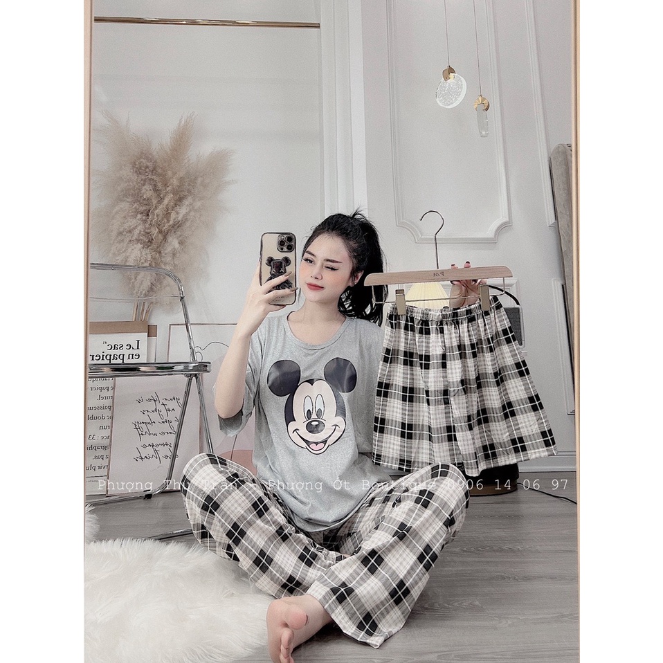 Bộ thun nữ 3 chi tiết chất cotton hàng quảng châu, gồm cả quần dài, quần đùi và áo,,