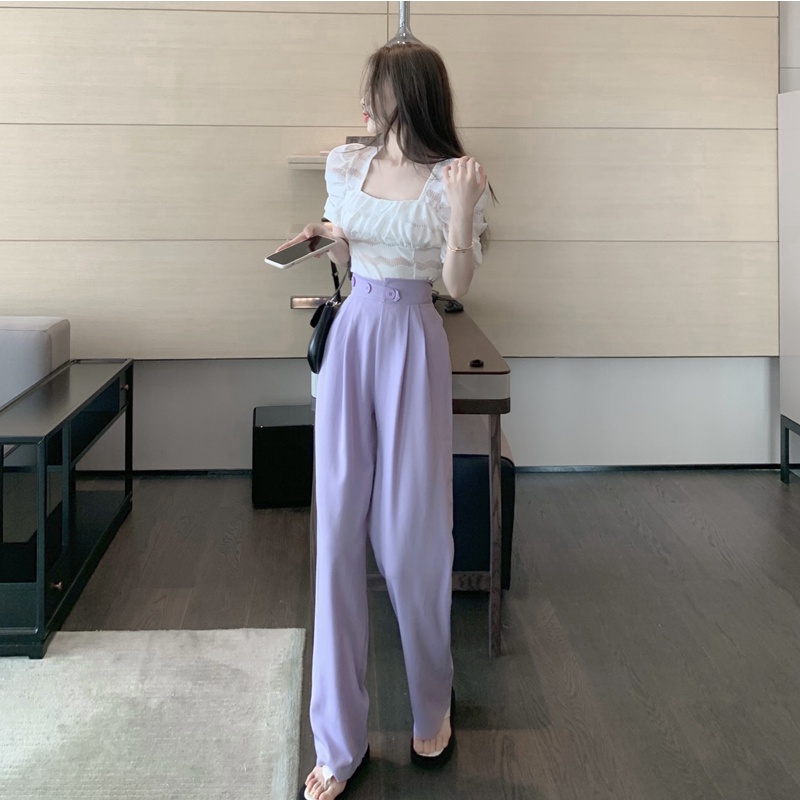 (Order Taobao) Quần tây ống suông tím pastel ulzzang style + áo kiểu ren trắng tay phồng cổ vuông (TB)