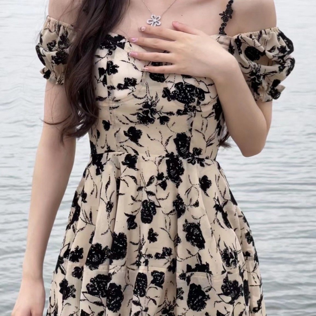 Đầm Hai Dây Eo Cao Ôm Dáng In Họa Tiết Hoa Hồng Khô Thời Trang Mùa Hè 2022 Cho Nữ