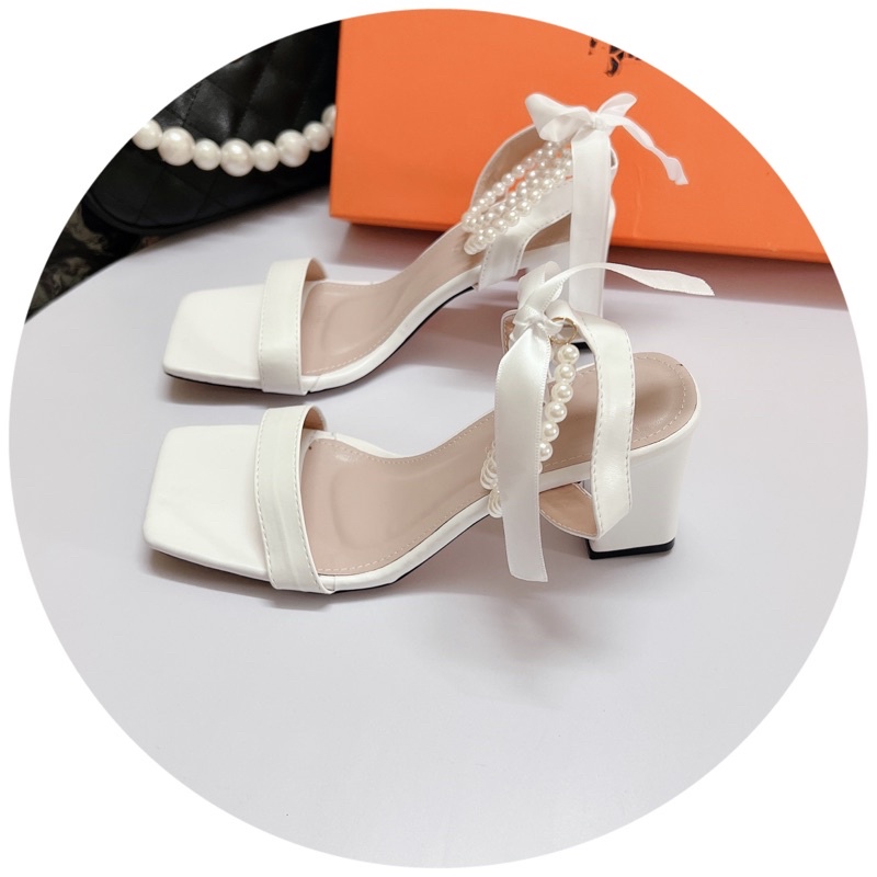 [Ảnh chụp thật] GIÀY SANDAL CAO GÓT QUAI NGANG 2 Vòng Ngọc GÓT VUÔNG 7p SANG CHẢNH