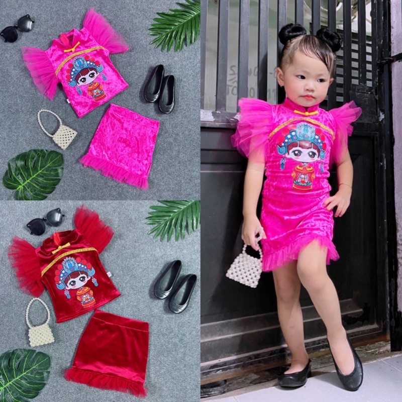 Set Váy Nhung Ren Tay Xoè Phối Kèm Chân Váy Điệu Đà Chất Nhung Mềm Mại