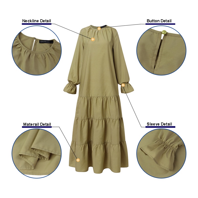 Đầm maxi ZANZEA màu trơn tay loe cổ tay co giãn thiết kế xếp tầng thời trang thường ngày cho nữ