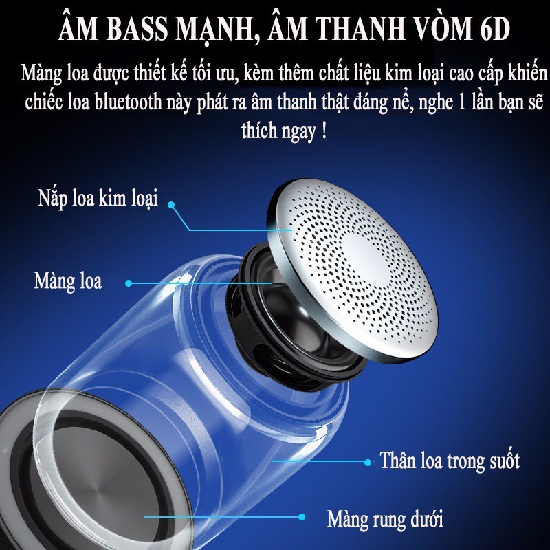 Loa bluetooth mini Yayusi C7 1000 mAh trong suốt led 7 màu supper bass loa trên dưới âm thanh vòm 6D