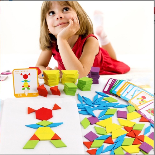 Đồ chơi bộ xếp hình, ghép hình sáng tạo bằng gỗ Pattern Block 155 chi tiết cho bé - Bộ ghép hình gỗ montessori