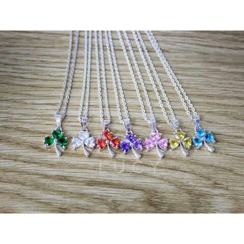 Dây chuyền nữ bạc ta, mặt hình cỏ 3 lá, đá màu trắng, xanh, hồng, đỏ