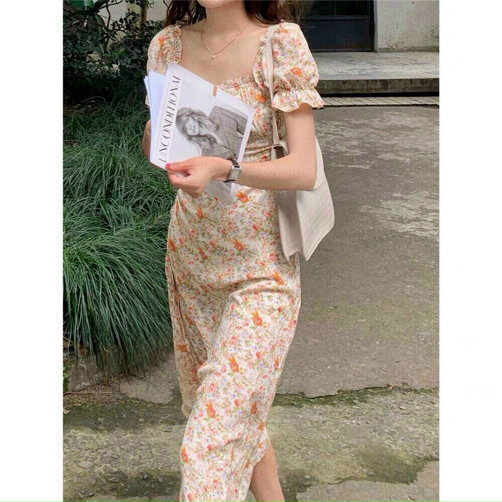 ( MIỄN PHÍ SHIP 2022) Đầm hoa nhí cổ vuông, đầm midi Hàn Quốc xẻ tà