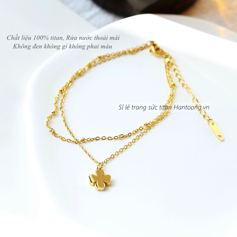 Lắc chân nữ chất liệu titan không gỉ thiết kế 2 tầng cỏ 4 lá xinh xắn phong cách hàn quốc