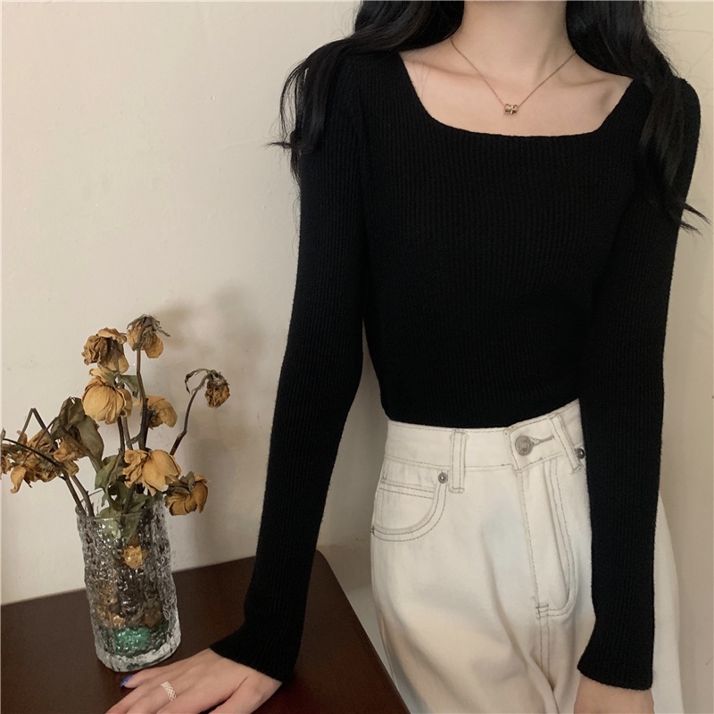 Áo sweater SUXI vải dệt kim vải mỏng cổ vuông màu sắc trơn kiểu vintage xinh xắn cho nữ