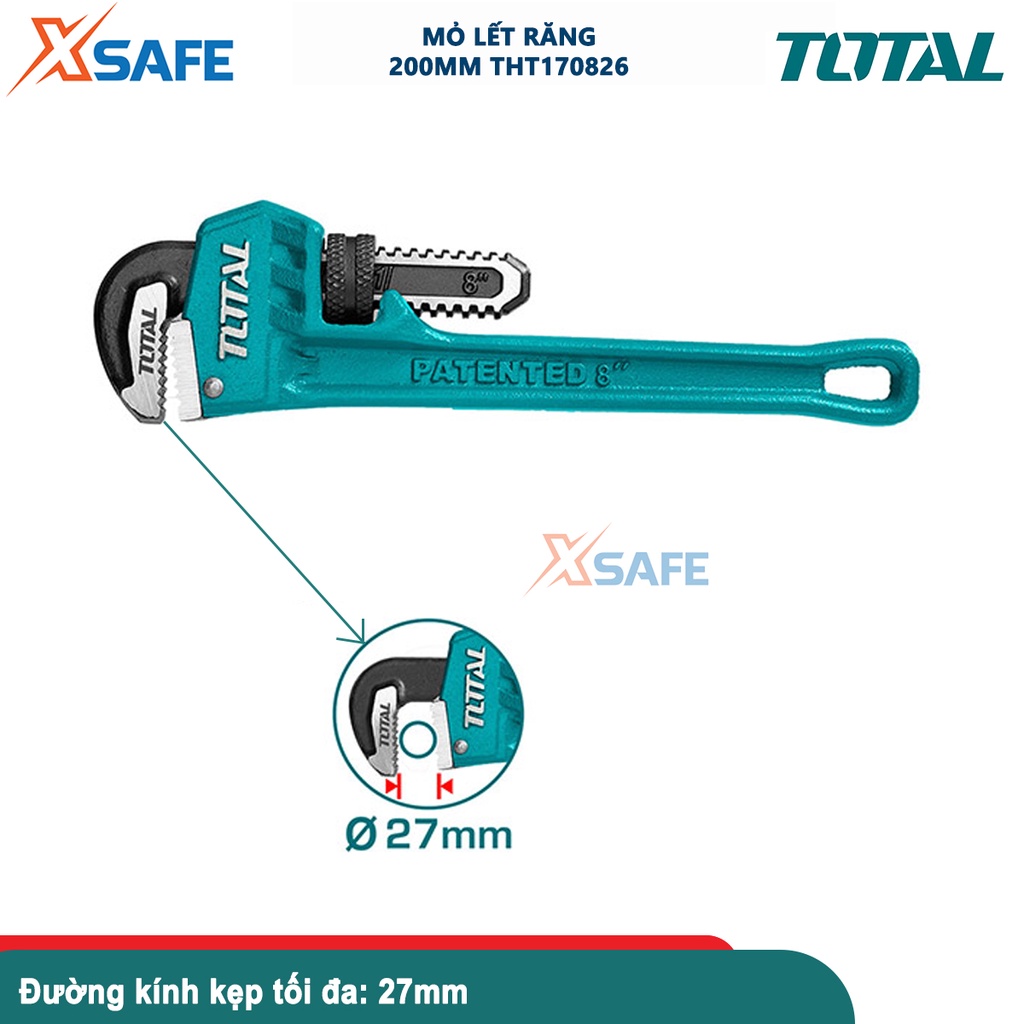 Mỏ lết răng 200mm TOTAL THT170826, mỏ lết mở ống nước size 8'', đường kính kẹp tối đa: 27mm, hàm răng được rèn bằng thép