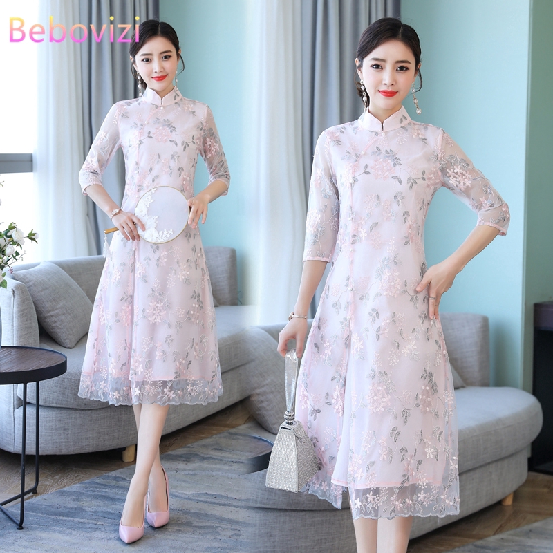 Đầm sườn xám vải chiffon họa tiết thêu hoa thanh lịch phong cách Trung Hoa