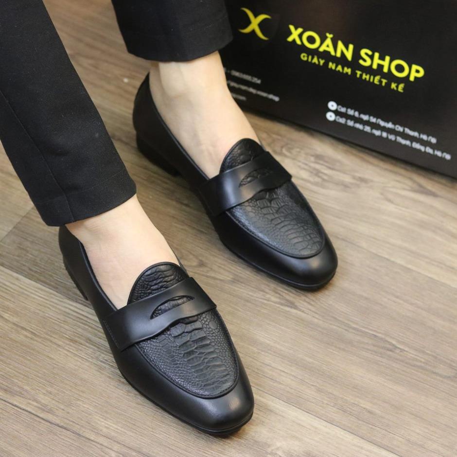 GIÀY LƯỜI NAM DA BÒ 100%, KHÔNG NỔ DA, ĐẾ PHÍP GỖ - MÃ X016 ĐEN CC