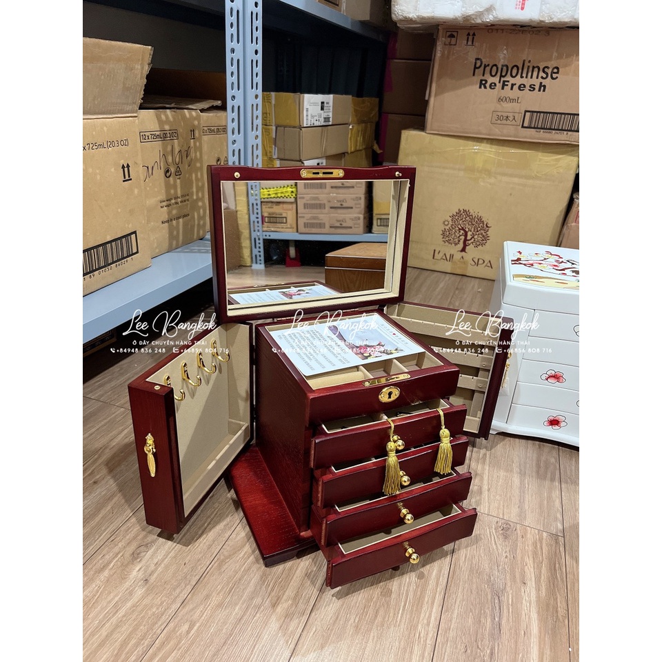 [Hàng Có Sẵn] Rương Gỗ Đựng Trang Sức, Ngọc Cẩm Thạch, Đá Quí Cao Cấp, Mở Cánh 2 Bên, 4-5 Tầng - Wincy Mart