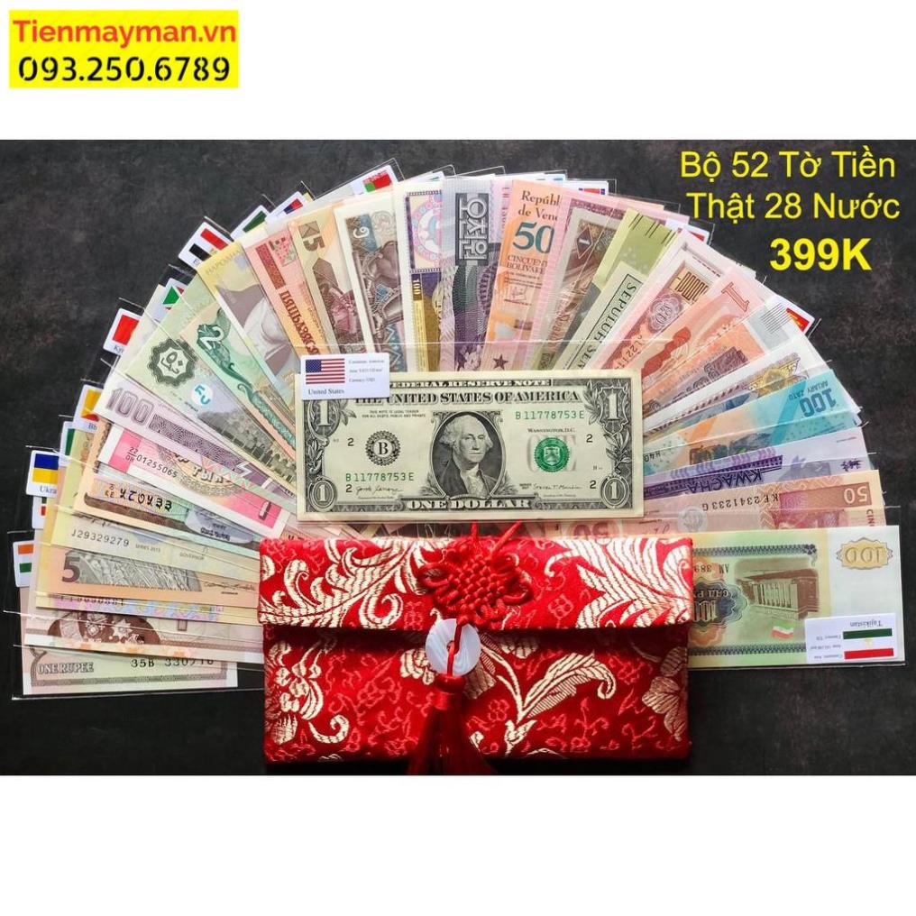 HOT - Bộ 52 Tờ Ti.ền Thật Của 28 Quốc Gia Tặng Kèm Túi Gấm Đỏ