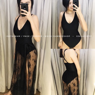 Bikini basic đen X lưng + chân váy ren