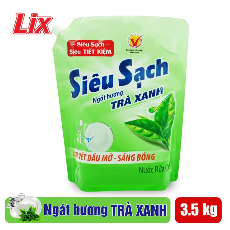 Nước rửa chén Lix siêu sạch hương trà xanh túi 3.5kg tiết kiệm