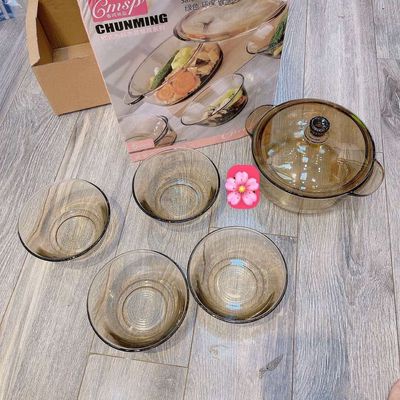 bộ 5 âu nồi thủy tinh chịu nhiệt phong cách châu âu , màu hổ phách cho nhà bếp chum NB03 C8