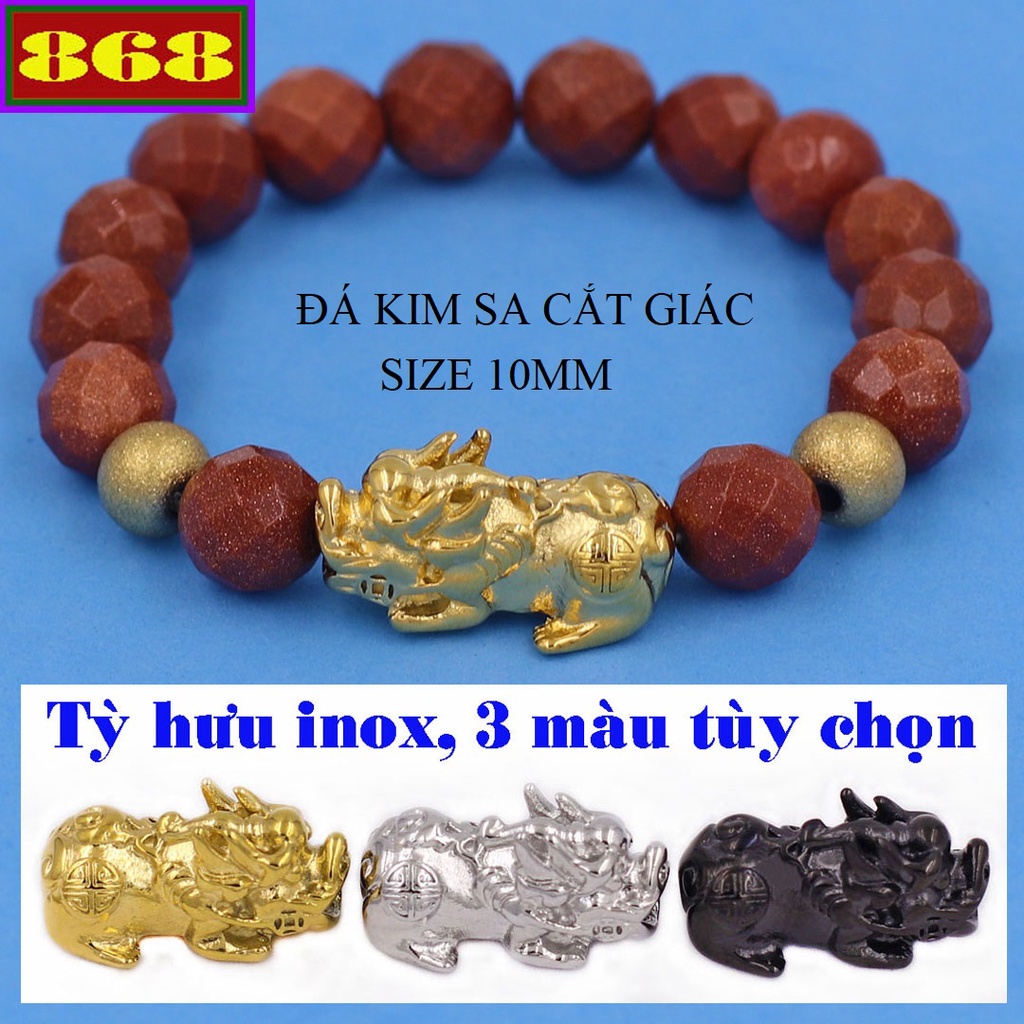 Vòng chuỗi Tỳ hưu inox Đá Kim sa cắt giác 10 ly kèm 2 bi VTKSGTHVHB10 - Hợp mệnh Kim, mệnh Thổ