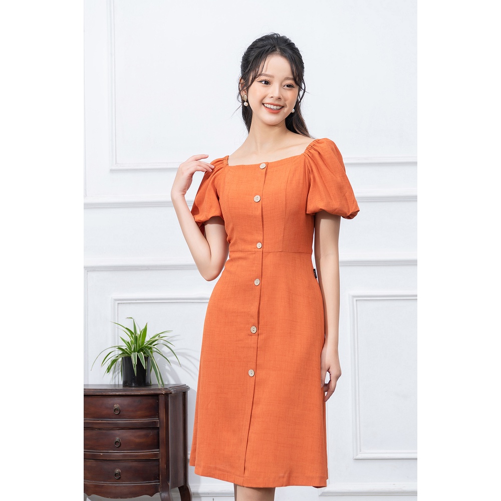 Váy Công Sở Thiết Kế LUPERI Tay Bồng Cổ Vuông Thanh Lịch Chất Liệu Đũi Xước Cao Cấp LFV3271