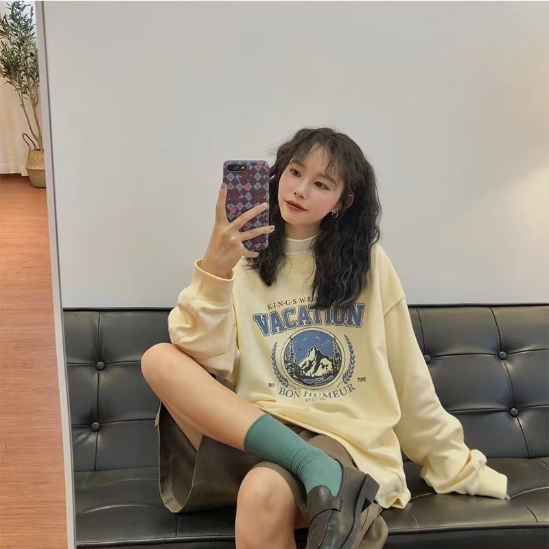 ZHELIHANGFEI Áo Thun Tay Dài Cổ Tròn Form Rộng Họa Tiết In Theo Phong Cách Preppy