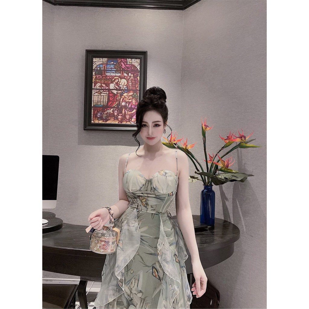 Đầm Maxi 2 Dây, Đuôi Bèo Xòe, Chíp Eo Nơ Lưng, Họa Tiếc hoa (ECH005) - Vải Voan - 2 Màu Xanh, Nude - Thích hợp Đi Chơi | BigBuy360 - bigbuy360.vn