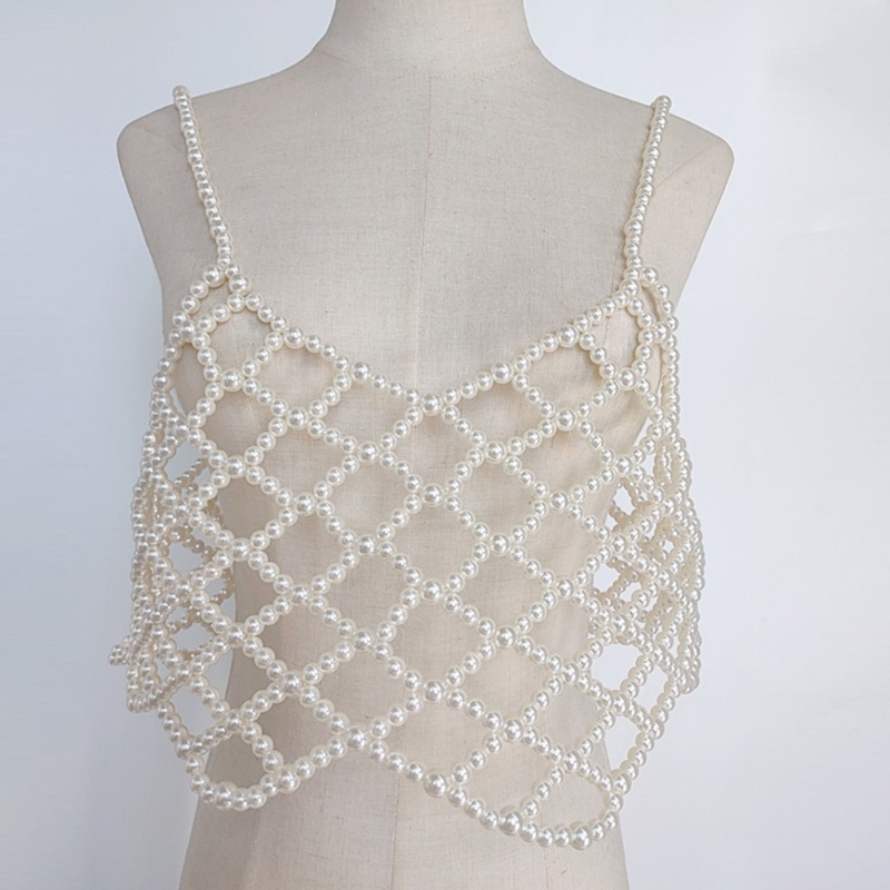 Xiangbao Áo Crop Top Lưới Rỗng Cổ Chữ V Đính Hạt Ngọc Trai Giả Gợi Cảm Cho Nữ