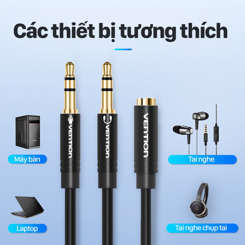 Cáp gộp tai nghe 2 vào 1 Jack 3.5mm loa và mic- Dây audio 2 dương 1 âm gộp âm thanh tai nghe máy tính Pc, Laptop Vention