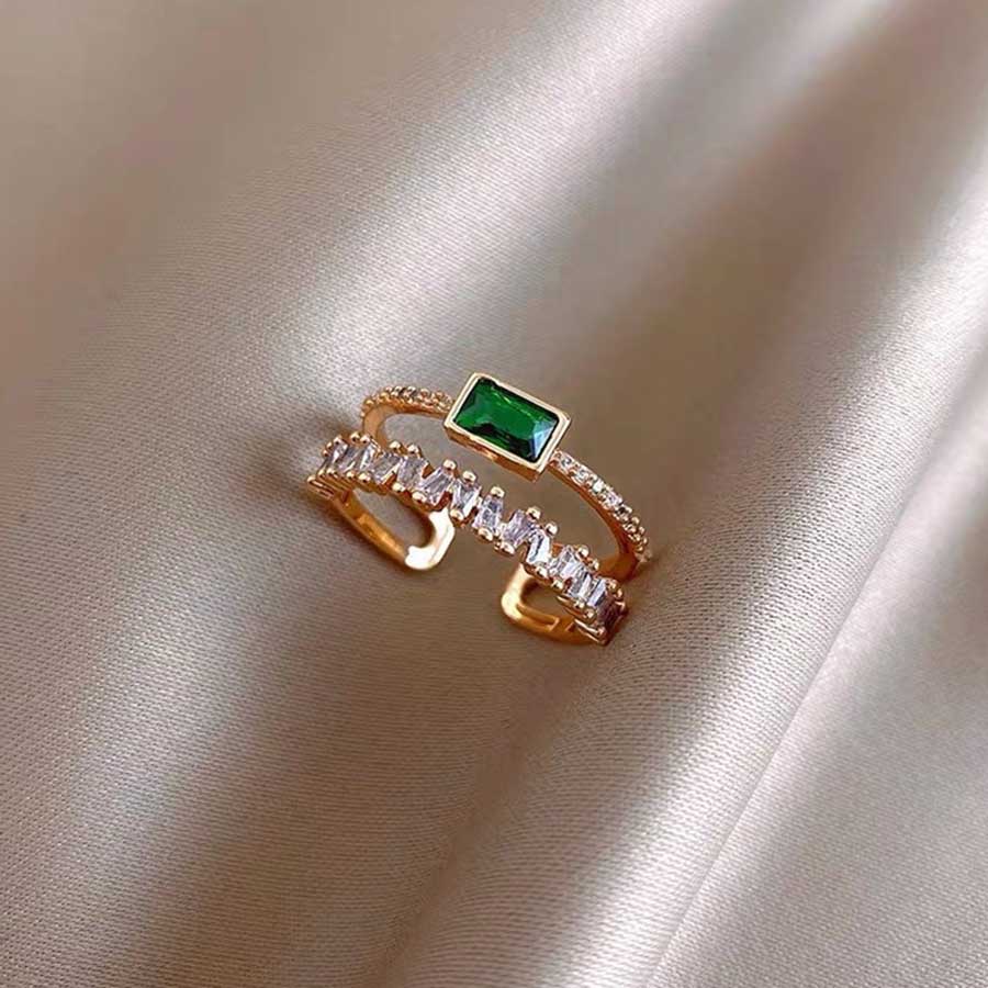 Nhẫn Đính Hôn Mạ Vàng Hồng / Bạc S925 Hai Lớp Đính Đá Zircon Màu Xanh Lá Thời Trang Có Thể Điều Chỉnh Kích Thước Cho