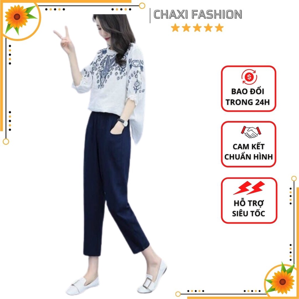 HÀNG NHẬP - SET BỘ ÁO TRẮNG THÊU HOA QUẦN XANH CAO CẤP - LS149290