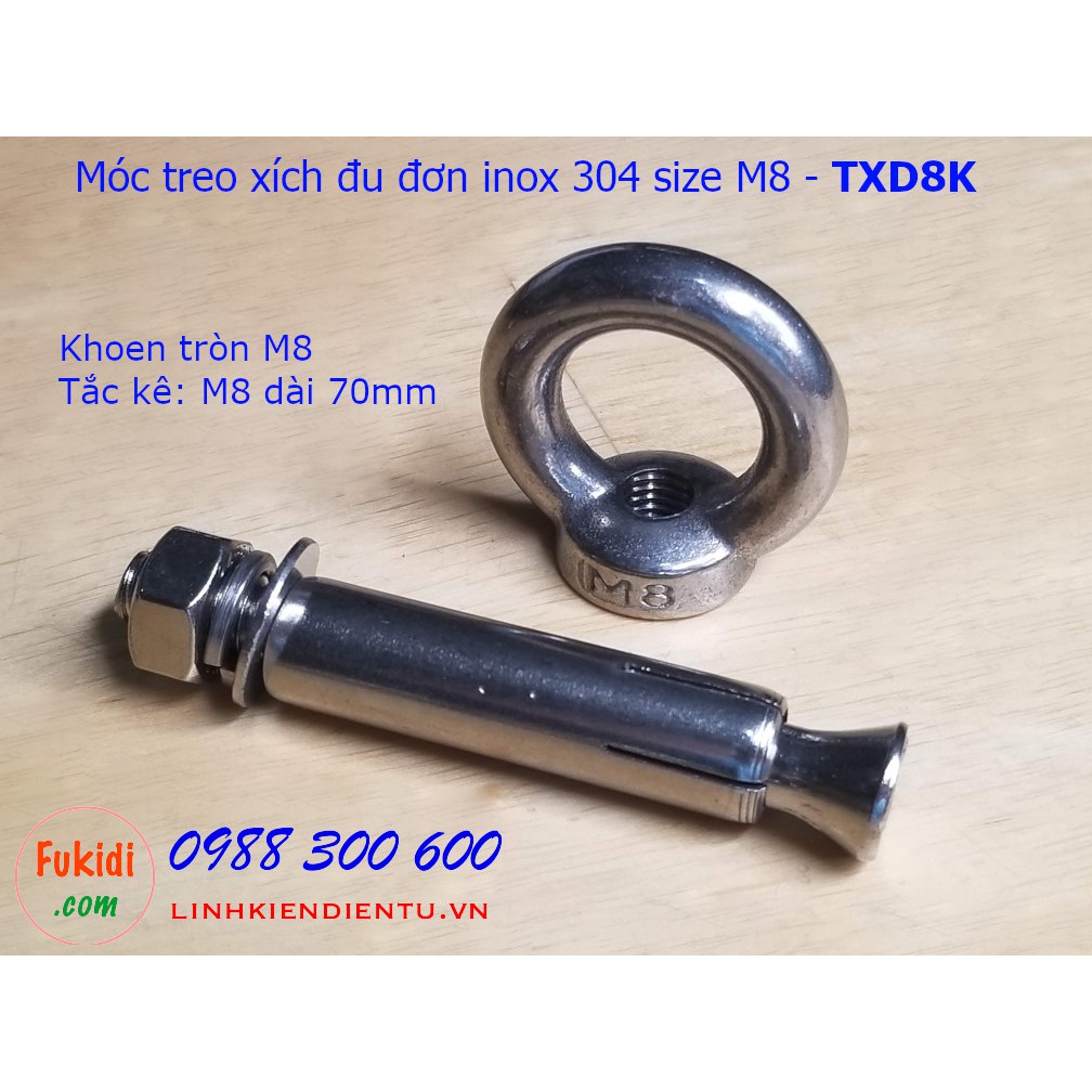 Móc treo xích đu, treo ghế đu, treo võng inox 304, bộ gồm khoen tròn M8 và tắc kê nở inox 304 dài 70mm - TXD6K, TXD8K