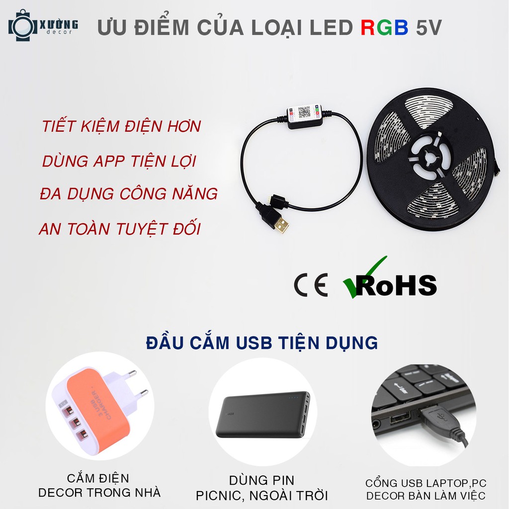 Đèn led Tiktok đổi màu RGB dùng App 5m cảm biến nhạc trang trí IP65 bọc keo silicone