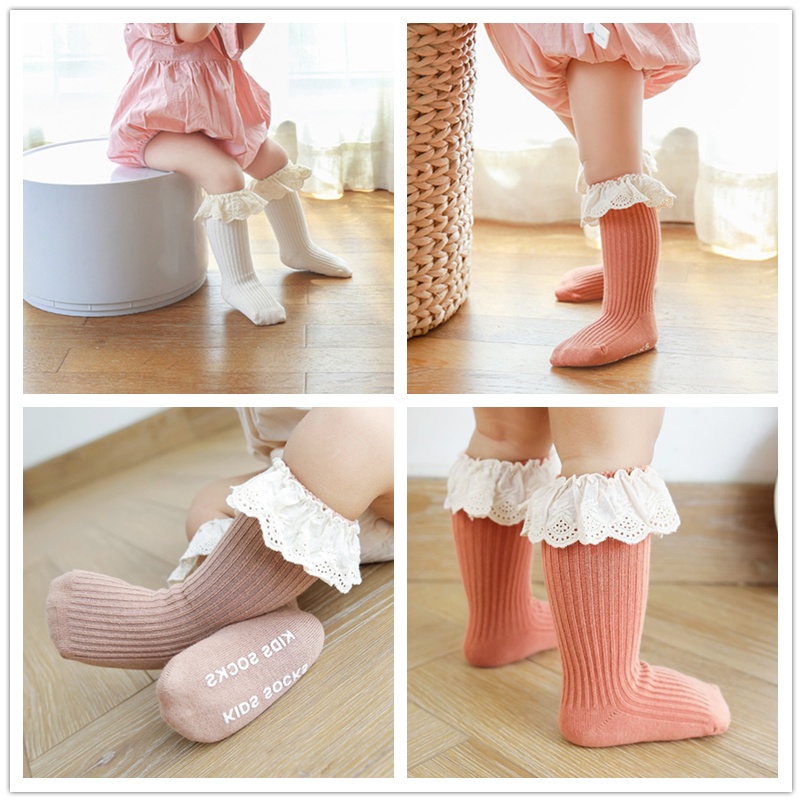 Vớ Cotton Mềm Màu Trơn Phối Ren Phong Cách Hàn Quốc Cho Bé Gái Sơ Sinh