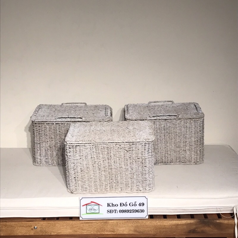 Giỏ sọt cói chữ nhật/ storage box đựng đồ trang trí, có nắp, Xuất Khẩu Trung Đông KT40x30x25cm.