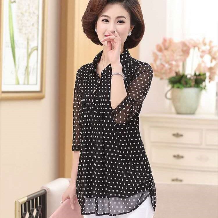 LB۞❀đầm thời trangCác bà mẹ trung niên và cao tuổi mặc áo sơ mi voan nữ ngắn tay cỡ lớn che bụng mỏng thanh lịch