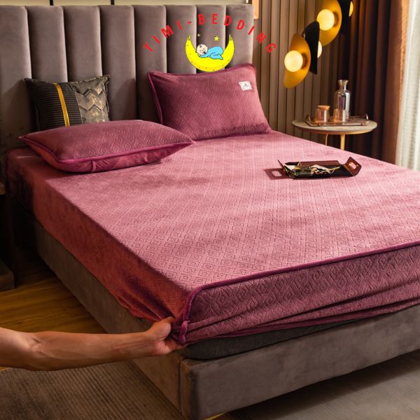 Ga gối nỉ nhung cao cấp 2022 họa tiết hình thoi - Bộ ga nỉ trải giường Timibedding