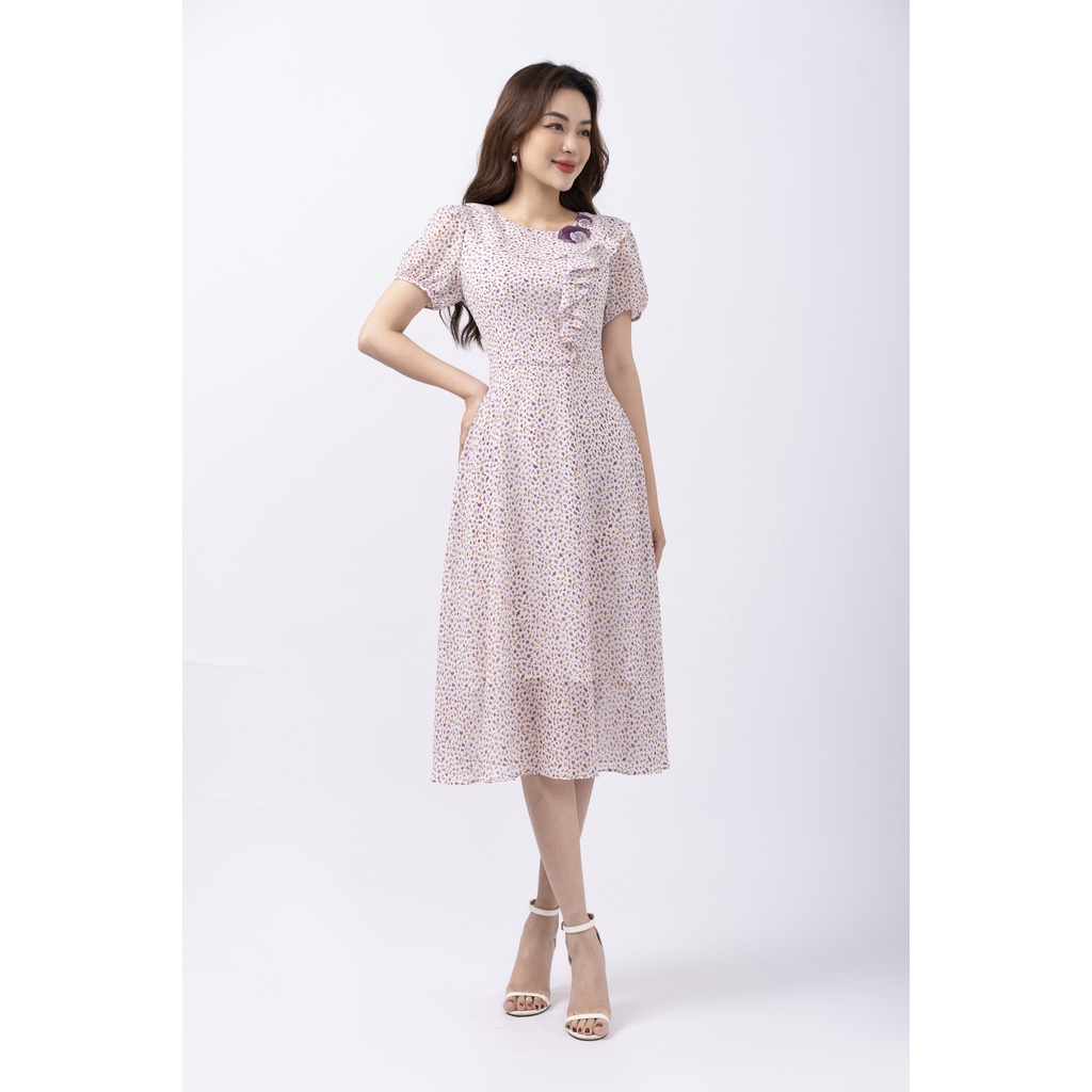 Đầm thiết kế cao cấp FIONA váy công sở nữ họa tiết hoa nhí cổ tròn bèo rủ 1 bên đính hoa trang trí F452240