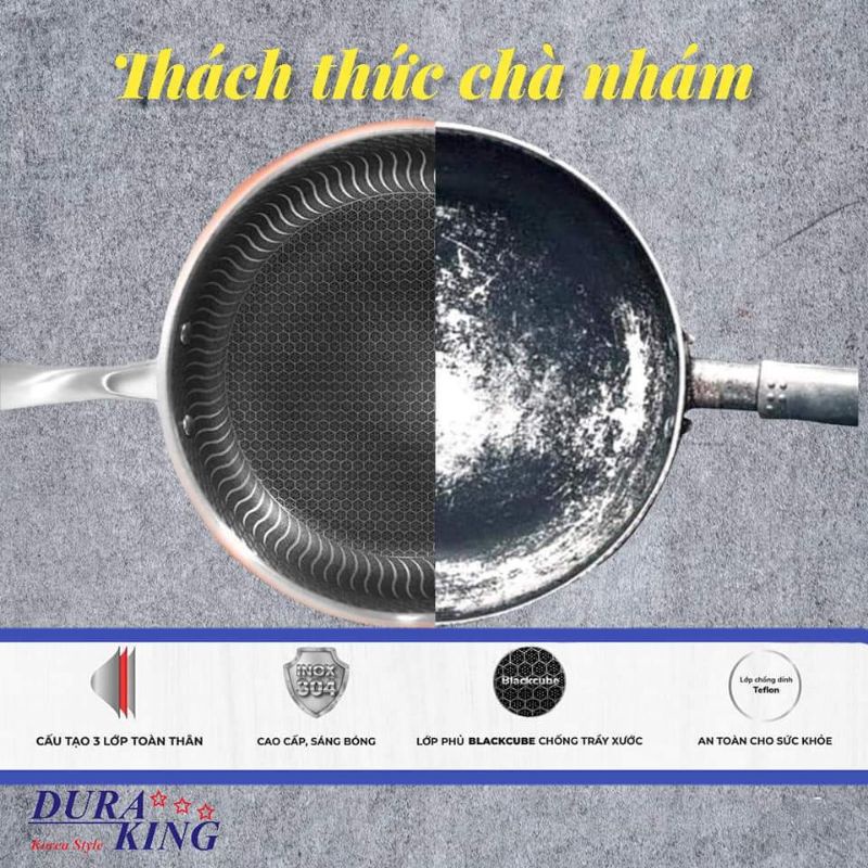 Chảo chống dính inox 3 lớp Black cube DURAKING mã DK-28TFN và DK30 . BẢO HÀNH 5 NĂM. SD TRÊN MỌI LOẠI BẾP