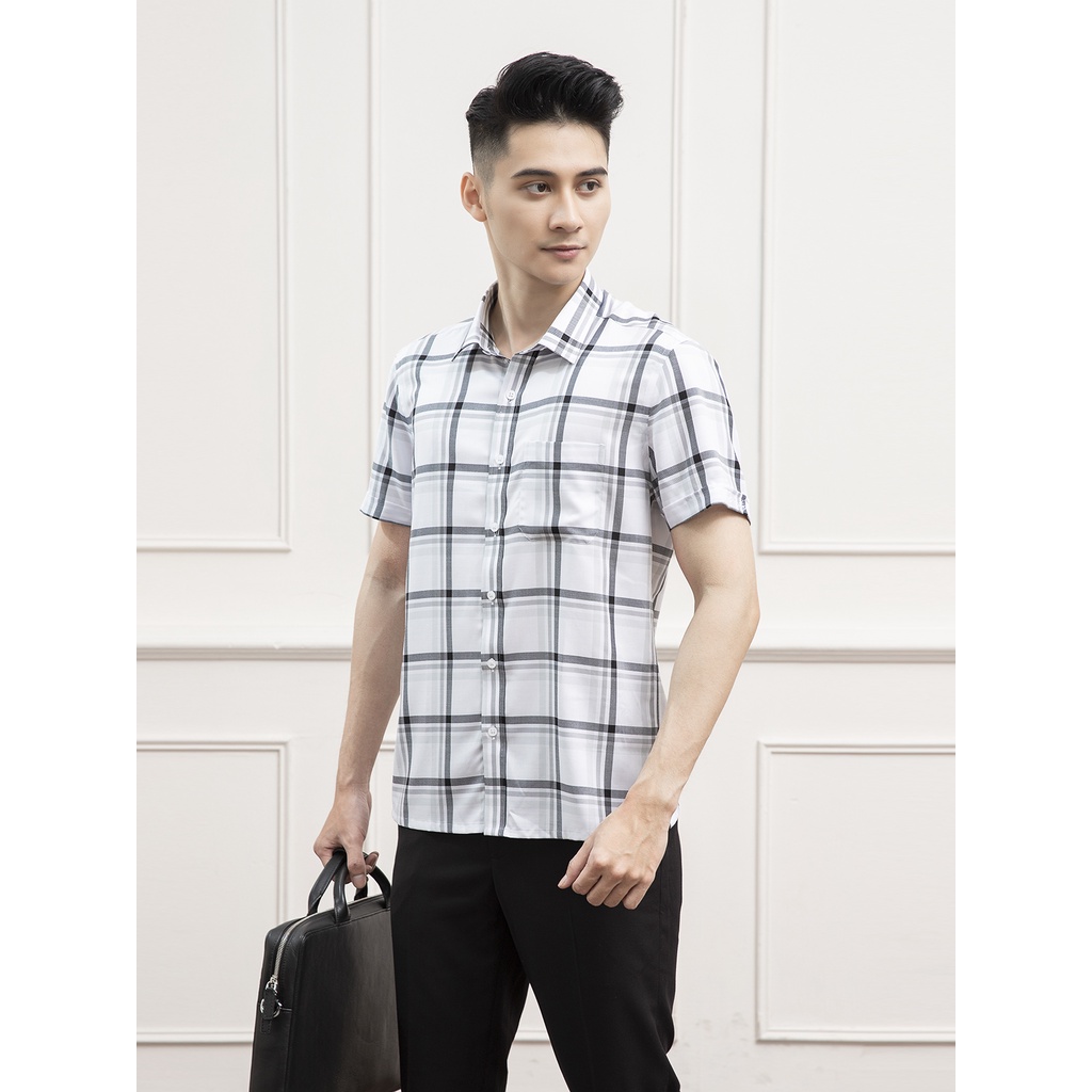 Áo sơ mi nam ngắn tay ARISTINO ASS050S1 somi cộc tay công sở sợi sồi cao cấp màu trắng kẻ xám đen dáng suông tà bằng