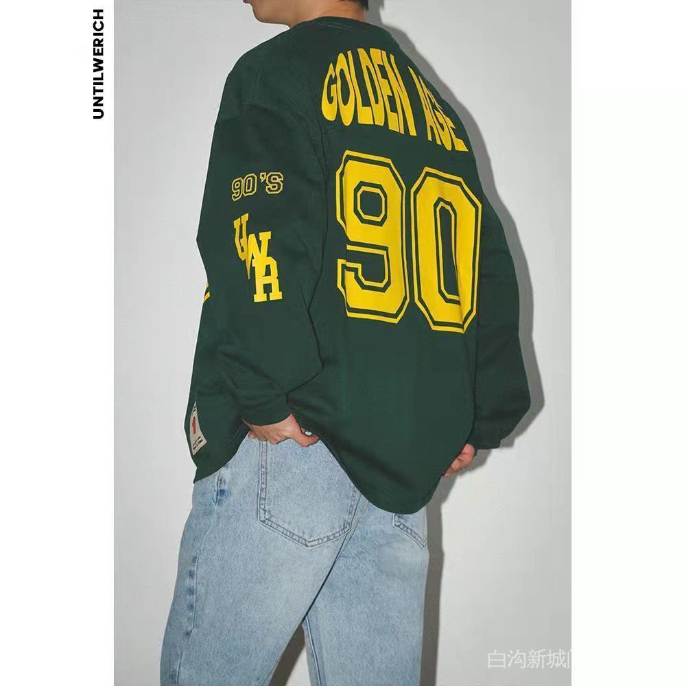 Áo Thun Tay Dài Dáng Rộng In Số 90 Hockey Jersey Kiểu Retro Mỹ Thời Trang Mùa Xuân Năng Động